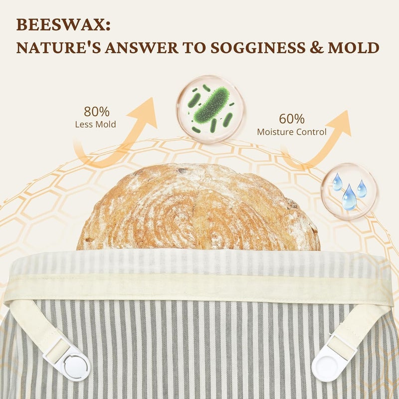 BRONYPRO Reusable Beeswax and Linen Bread Bags, 2-Pack Waxed Bread Bags for Homemade Bread & Sourdough, Sustainable Sourdough Loaf Storage to Lock in Freshness, Large 17x12.6in, Grey - Image 3